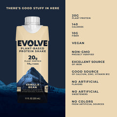 Evolve Vanilla Bean nutrition label emphasizing plant protein and fiber benefits