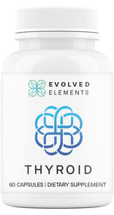 Evolved Elements Thyroid bottle showing raw desiccated capsules for daily energy support.