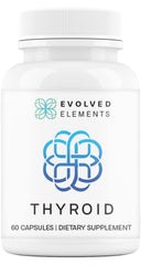 Evolved Elements Thyroid bottle showing raw desiccated capsules for daily energy support.