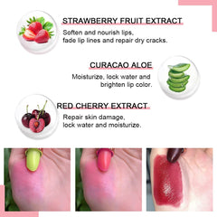 evpct color-changing lipstick swatch shows strawberry variant for moisturized lips.