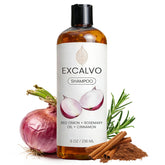 Excalvo Onion Shampoo bottle with rosemary oil pour for invigorating scalp cleanse