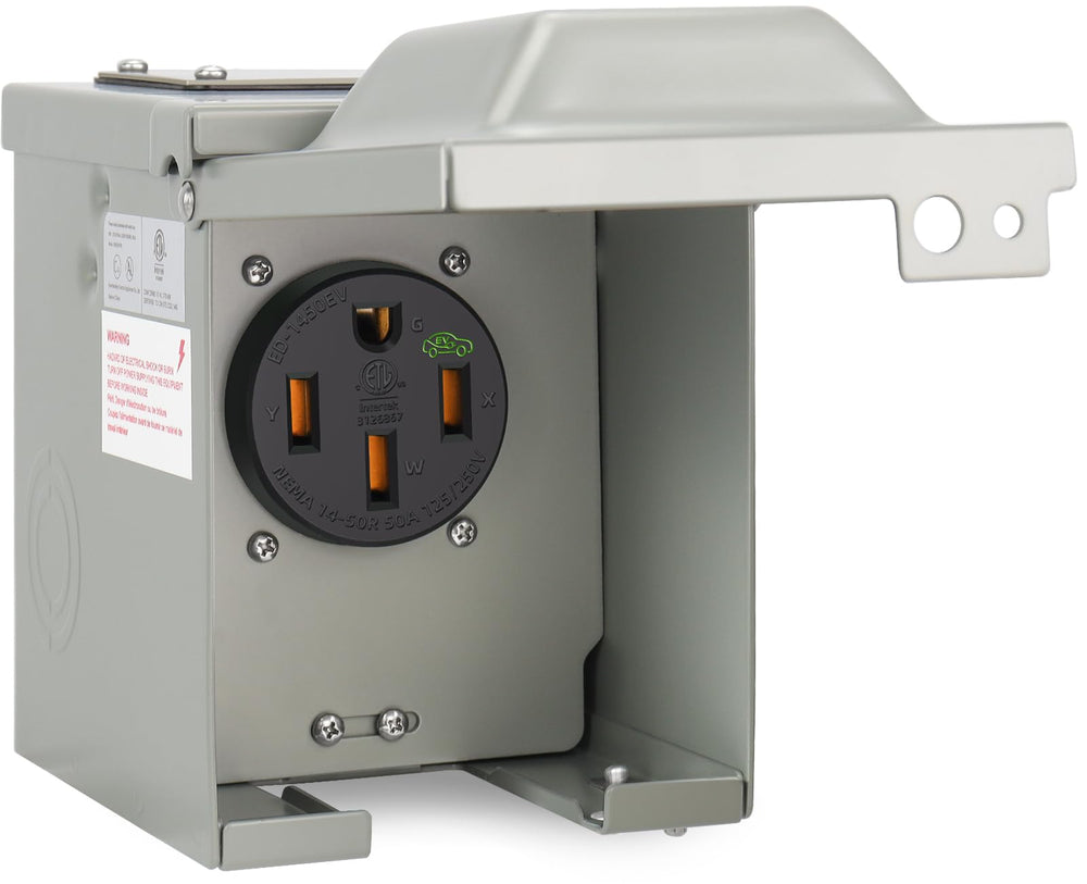 EXCELFU 50 Amp EV outlet box front view showing weatherproof enclosure for outdoor charging