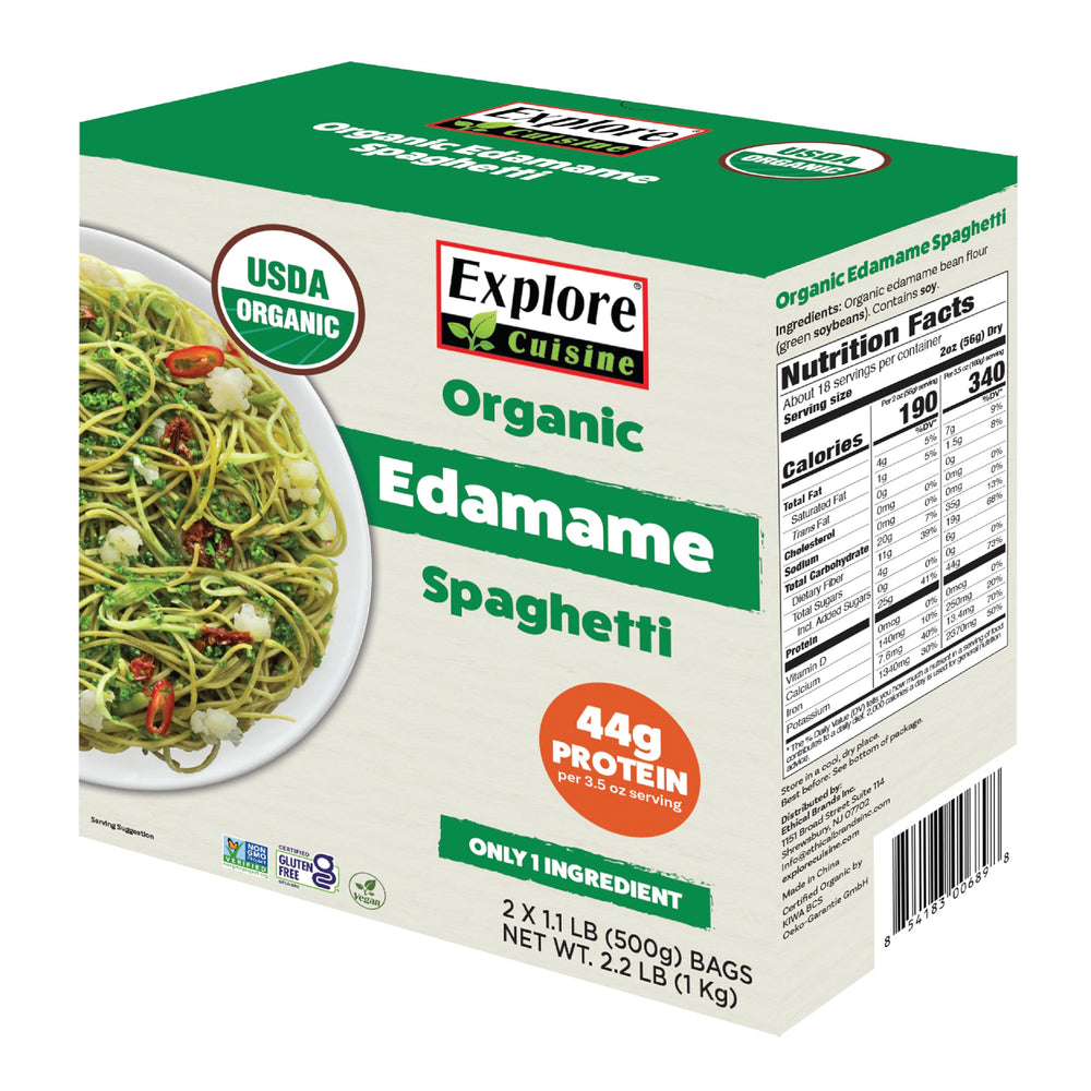 EXPLORE CUISINE Edamame Spaghetti raw ingredient on a board showing protein-rich plant-based pasta.