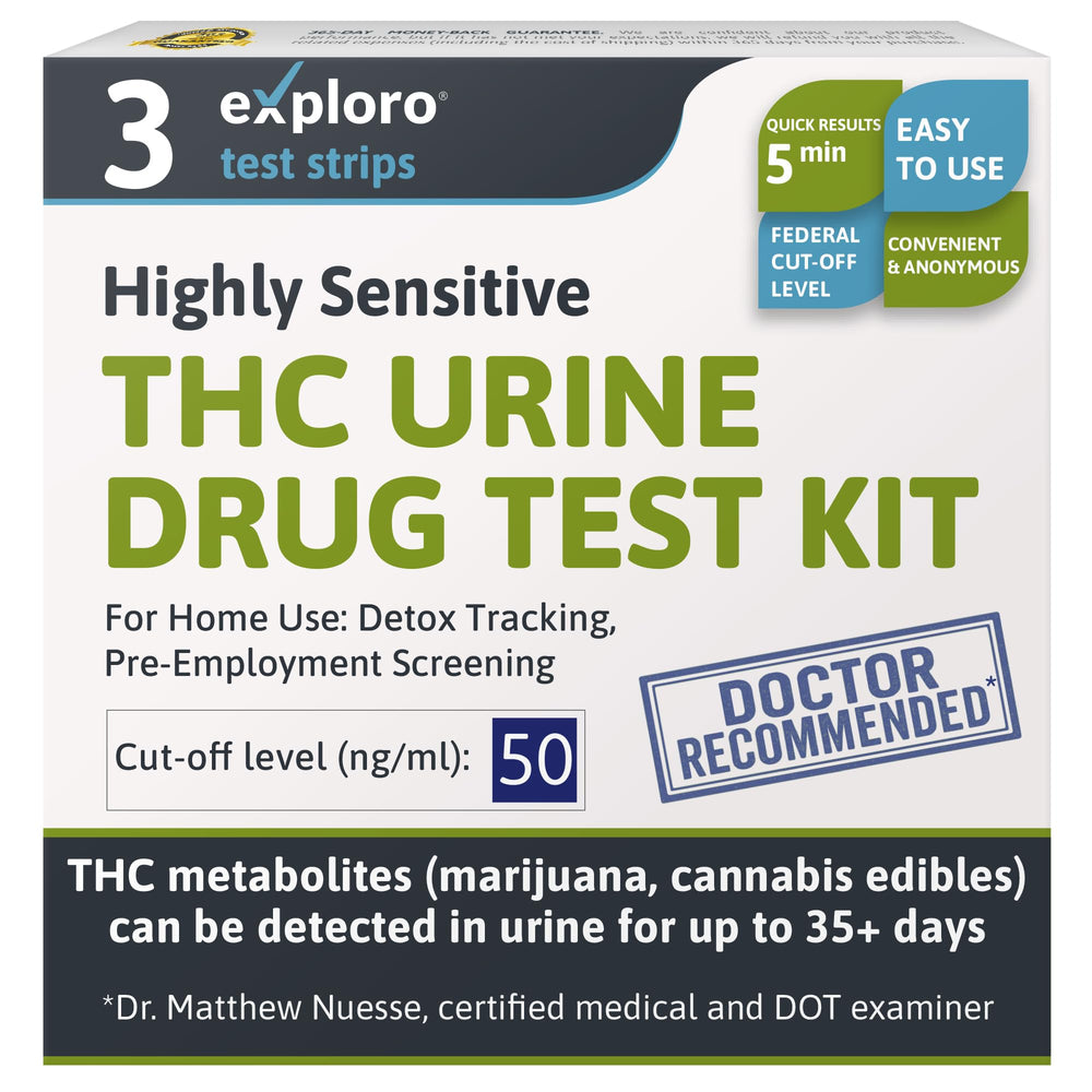 Exploro 3-pack marijuana test kit box for at-home screening.