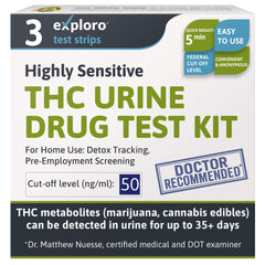 Exploro 3-pack marijuana test kit box for at-home screening.