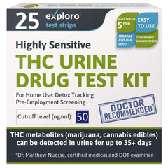 Exploro THC test kit 25-pack for bulk home testing and convenience.