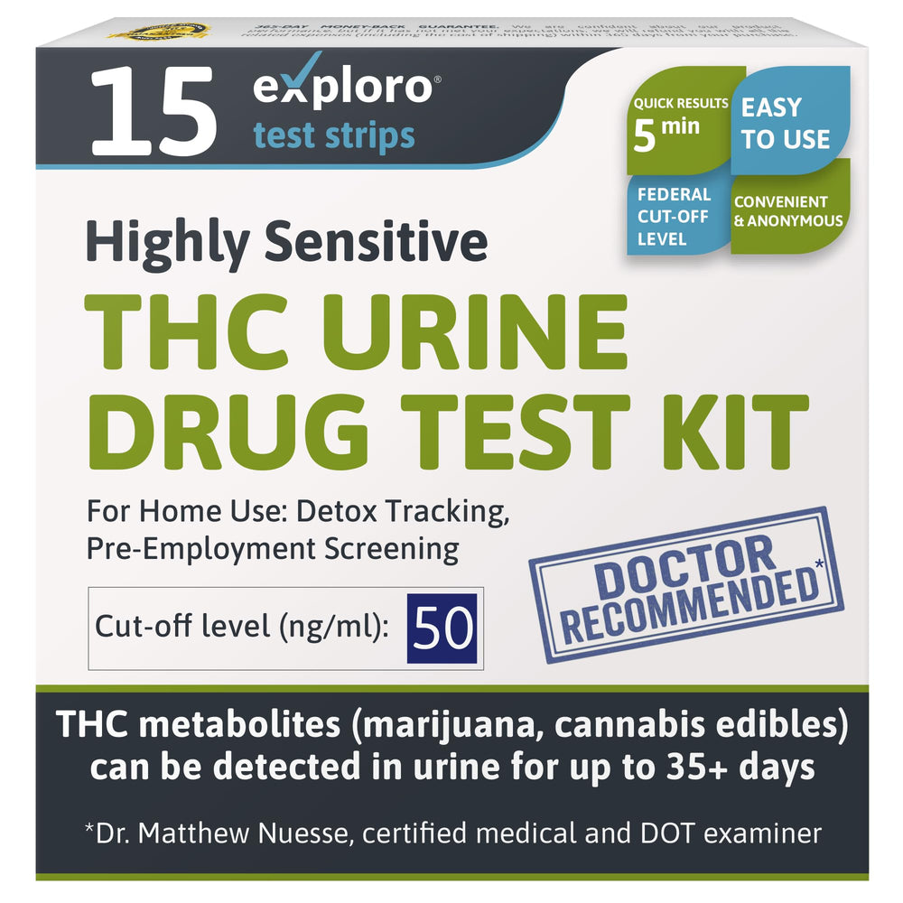 Exploro THC tests home kit packaging for convenient at-home screening.