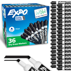 EXPO dry erase markers with chisel tip for versatile bold lines on whiteboards.