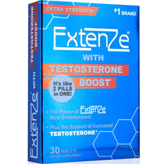 ExtenZe Testosterone Boost bottle packaging hints at energy and focus.