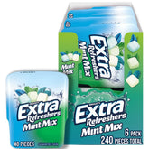 Extra Refreshers Mint Mix Gum bottle front, six-pack bundle keeps breath fresh for busy days.