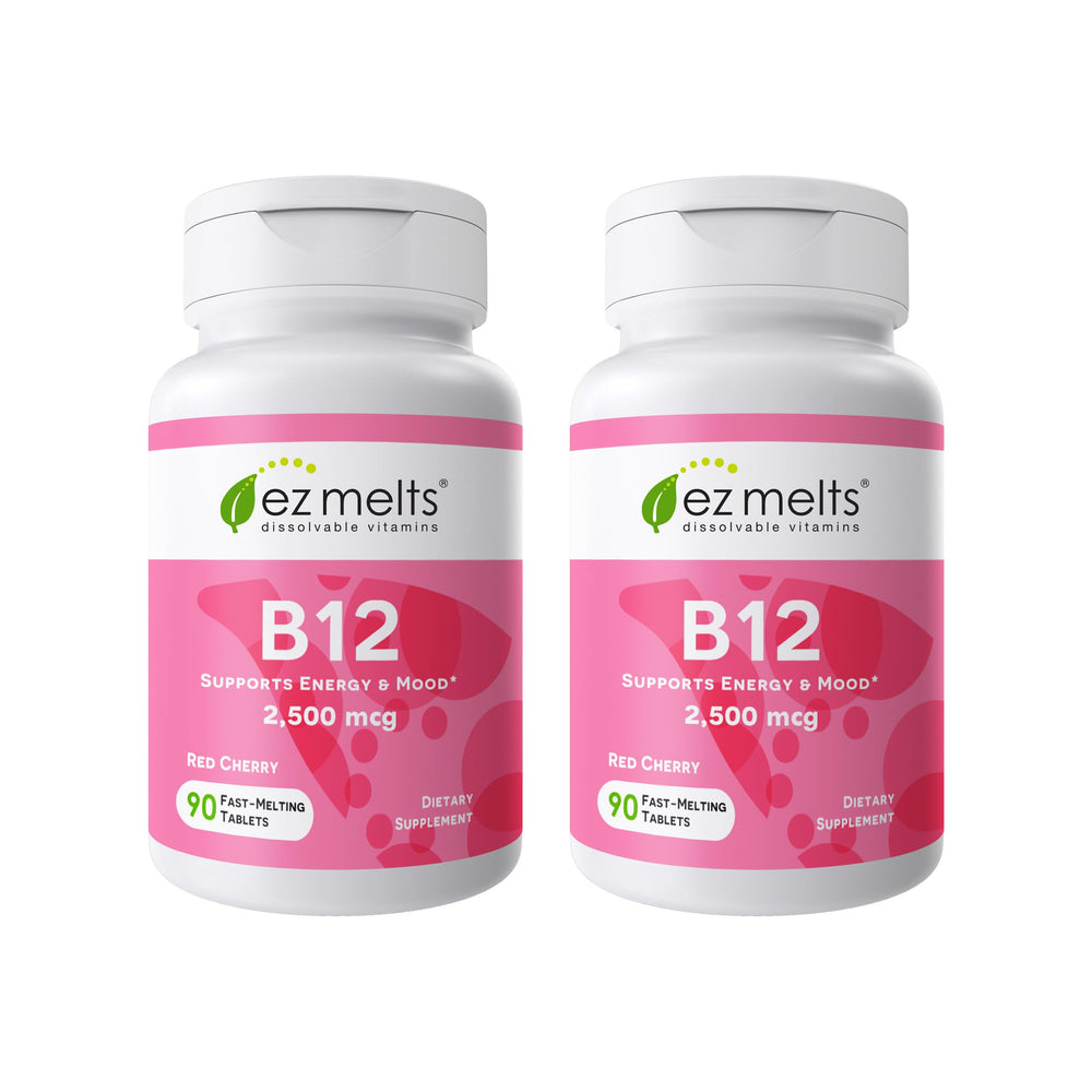 EZ Melts B12 2,500 mcg dissolvable tablet close-up for quick energy support.