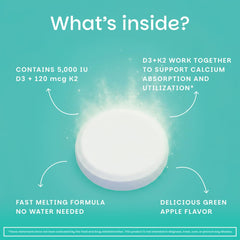 EZ Melts dissolvable D3+K2 packaging front view emphasizes vegan formula