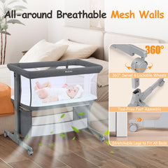 Ezebaby bedside bassinet with swivel wheels enables smooth room-to-room mobility.