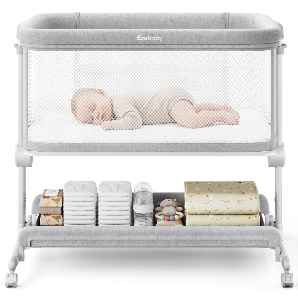 Ezebaby bedside sleeper being assembled for quick setup beside the bed