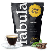 Fabula low acid coffee beans in a bag with rich roast aroma