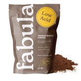 Fabula low acid coffee pack shot emphasizing clean, gentle brew for sensitive systems