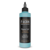 FACON transparent shaving gel with aloe relief for smooth, precise razor work.
