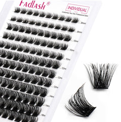 FADLASH D Curl 0.07mm lash clusters in mixed lengths for lightweight at-home application.