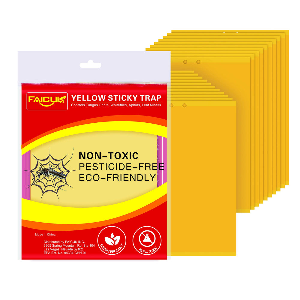 Faicuk yellow sticky trap front view capturing flying pests for plant protection.