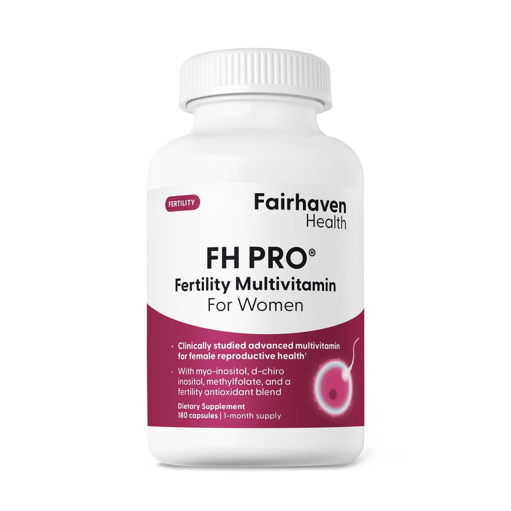 Fairhaven Health FH Pro for Women bottle close-up highlighting fertility support nutrients