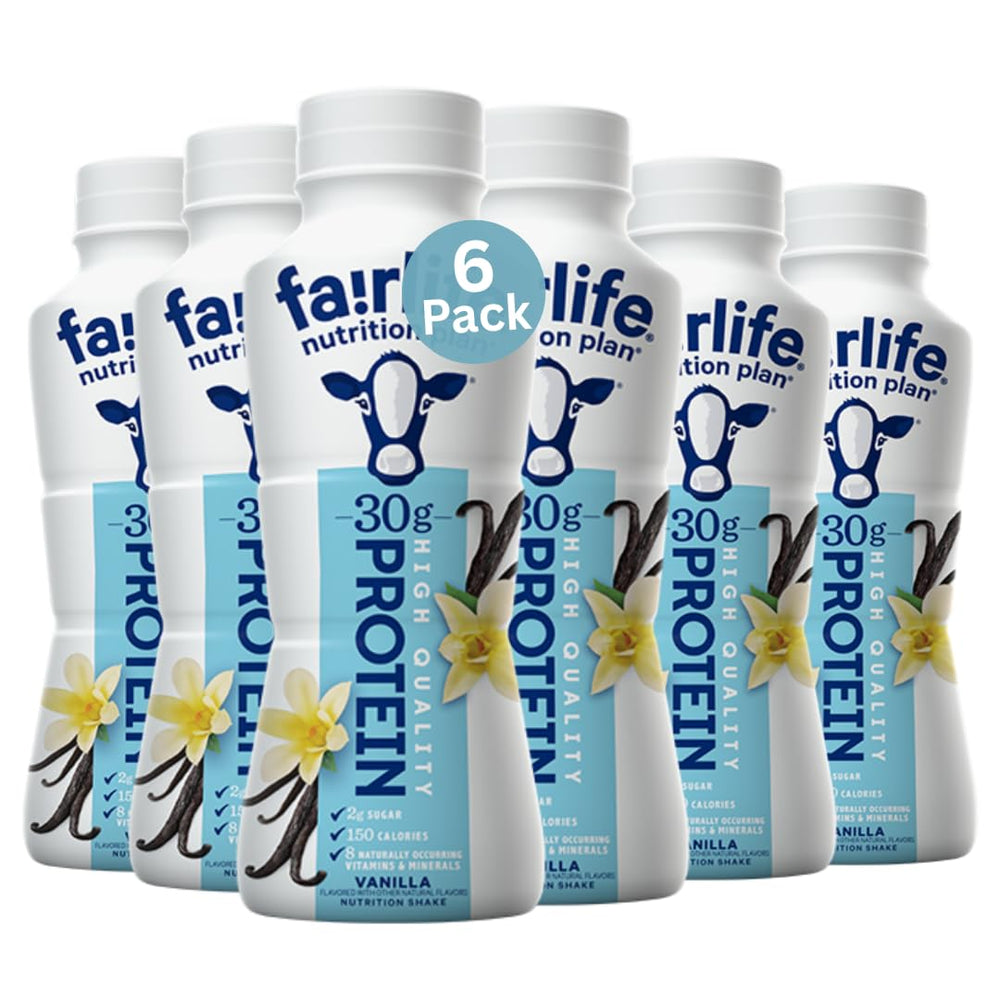 FairIife Nutrition Plan vanilla high protein shake in a six-pack, 30g protein per serving for on-the-go nutrition