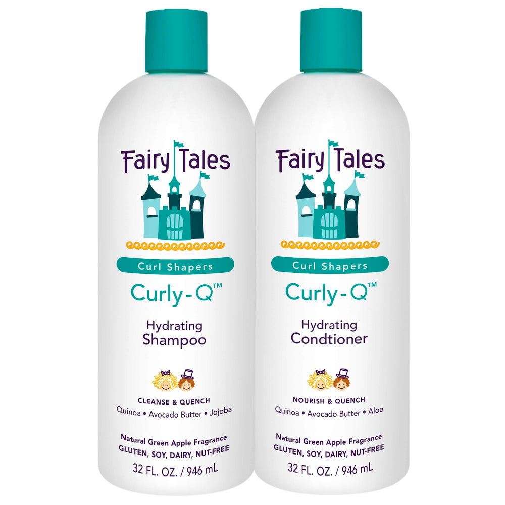Fairy Tales Curly-Q shampoo bottle delivering gentle hydration for kids' curls