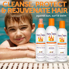 Fairy Tales Swim Conditioner bottle pour provides moisture for summer hair.