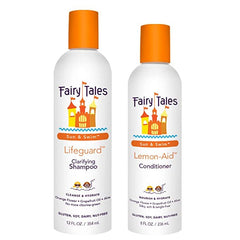 Fairy Tales Swim Shampoo bottle pour promotes easy detangling for kids.