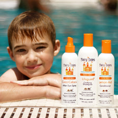 Fairy Tales Swim Shampoo chelating action visual suggests removing chlorine residue safely.