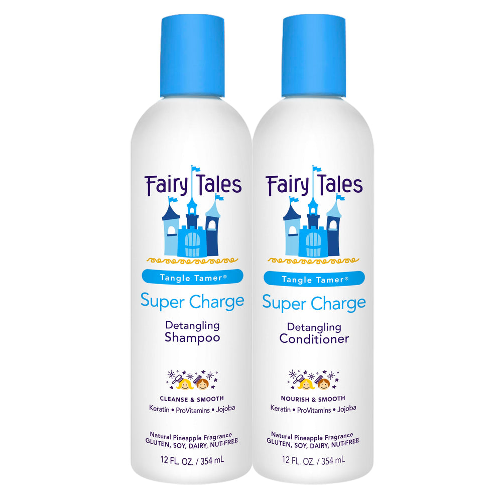 Fairy Tales Tangle Tamer shampoo bottle demonstrating detangling on kids' hair