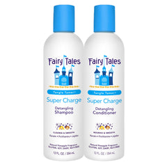 Fairy Tales Tangle Tamer shampoo bottle demonstrating detangling on kids' hair
