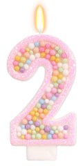 FAMGift pink number 2 candle with glittery macarons for festive cakes.