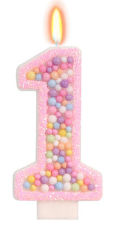 FAMGift Sweet One pink number 1 candle with glitter and pearls for first birthday