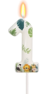 FAMGift Wild Animal 1 candle with green leaves for jungle cake toppers