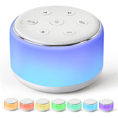 FamiSym white noise sound machine on a bedside table promotes calm sleep for baby and adults.