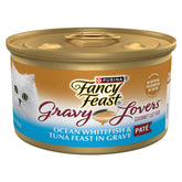Fancy Feast Gravy Lovers Ocean Whitefish and Tuna Pate close-up texture for palatability