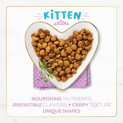 Fancy Feast kitten kibble close-up shows crispy texture and real poultry flavor.