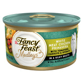Fancy Feast Medleys Primavera closeup: white meat chicken in silky broth with vegetables for adult cats.