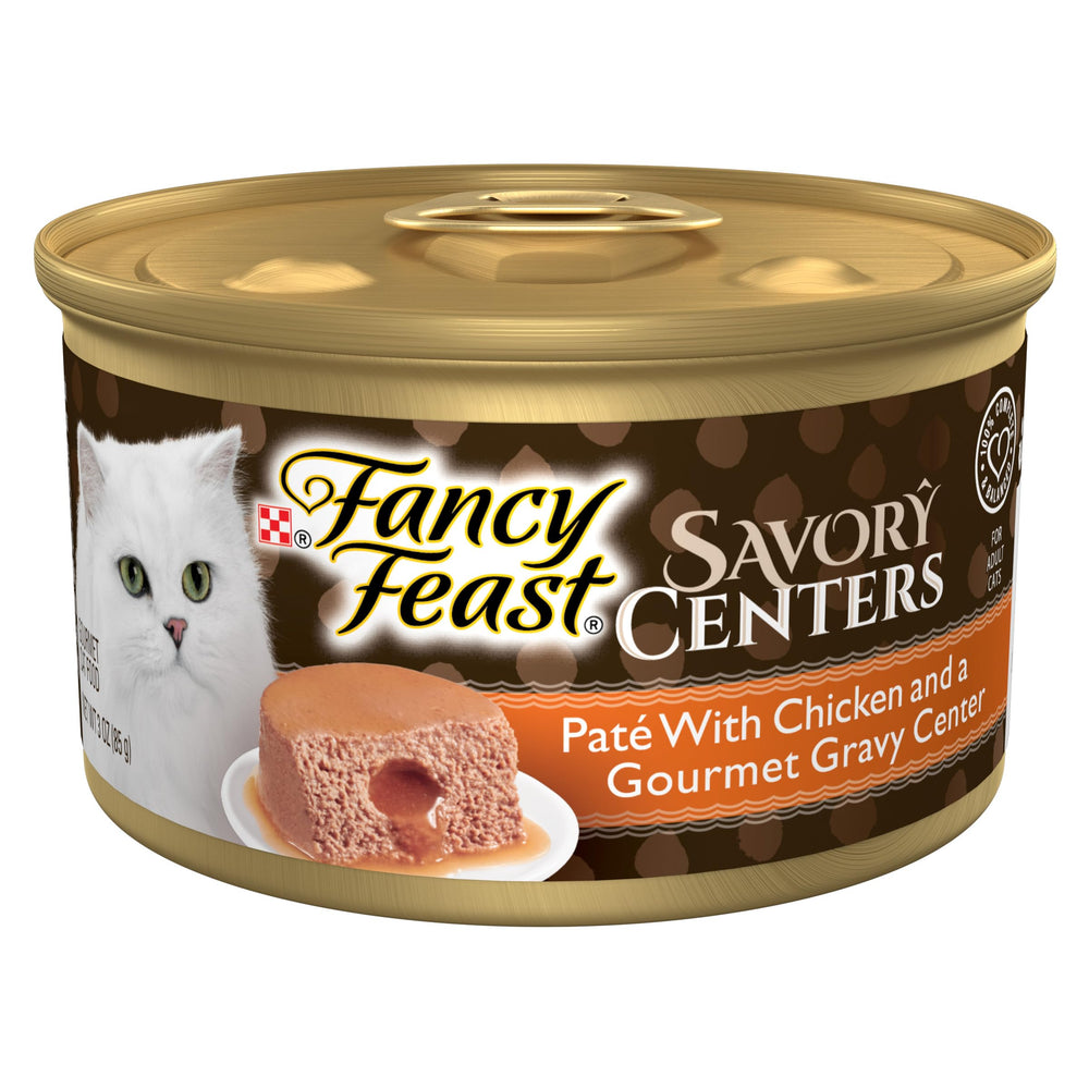 Fancy Feast Savory Centers chicken-gravy can showing dual texture for cats