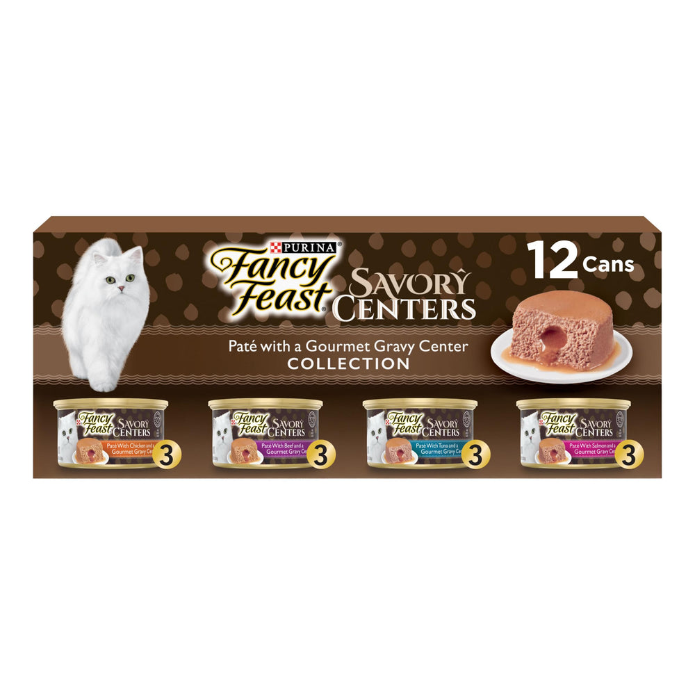 Fancy Feast Savory Centers chicken pate with gravy center; flavorful variety for daily meals.