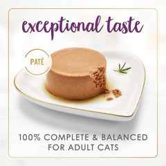 Fancy Feast Senior Beef Pate packaging closeup, emphasizes convenient pull-tab cans.