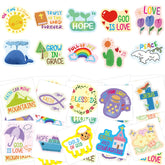 Fancy Land tattoo sheets showing Christian designs for kids' crafts and party decor.