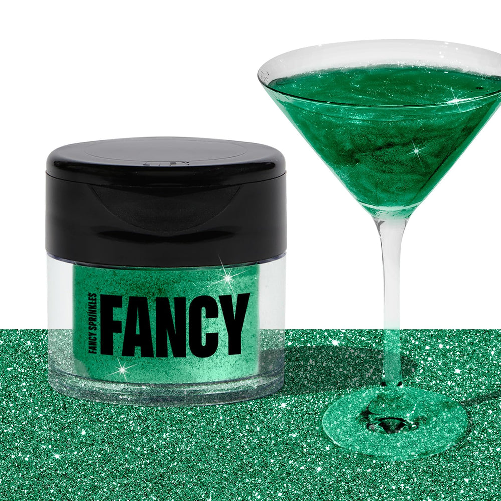 Fancy Sprinkles Emerald Green glitter dusted on dessert for vibrant sparkle.