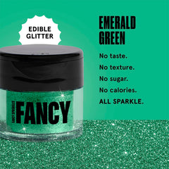 Fancy Sprinkles Emerald Green glitter jar close-up highlighting premium, edible shimmer.