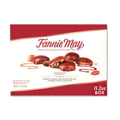 Fannie May Pixies milk chocolate caramel pecan bite, premium treat.