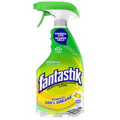 Fantastik all-purpose cleaner trigger bottle front shows lemon scent for fresh kitchen and bathroom surfaces.