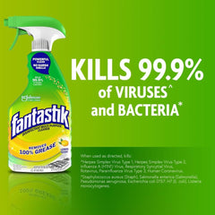 Fantastik all-purpose cleaner trigger lemon spray action highlights quick grease removal.