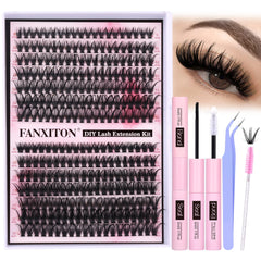 FANXITON DIY eyelash kit contents with 280 clusters for at-home salon results.