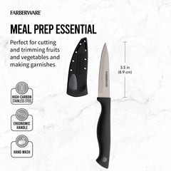 Farberware Edgekeeper paring knife shows ergonomic handle for comfortable control.