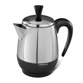 Farberware electric coffee percolator front view shows a compact, durable stainless steel design.